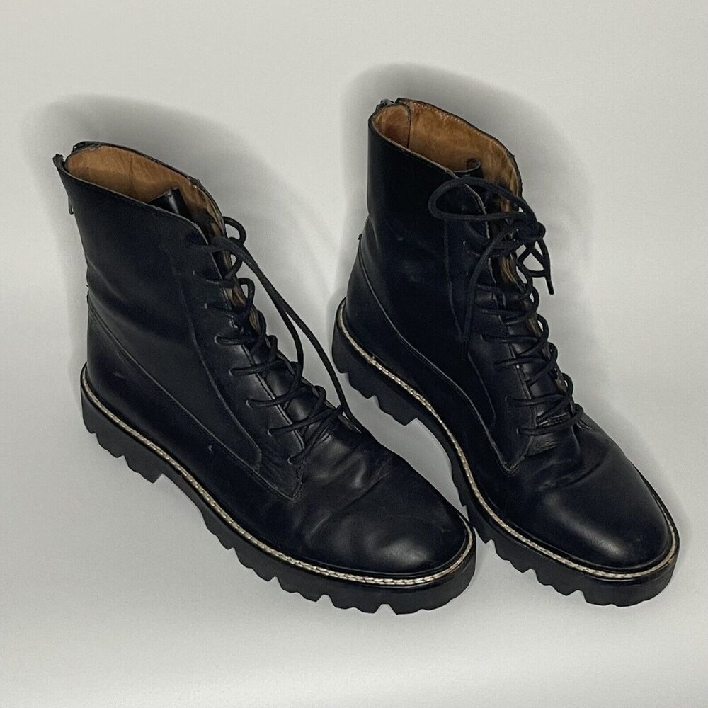 Madewell sz 8 The City Walk Black Leather Combat Back Zip Lug Sole Boots Shoes